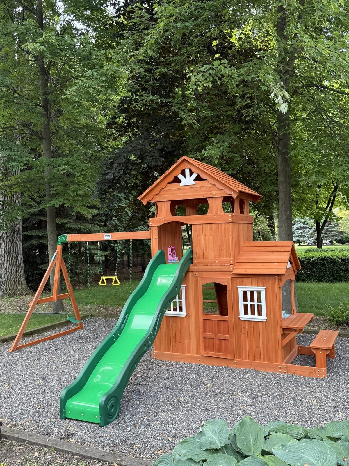 Backyard Discovery Shenandoah Cedar Wood Swing Set with Wave Slide, Raised Clubhouse, Playhouse, Play Kitchen, Belt Swings, Trapeze, Rock Wall, Ladder, Picnic Table, Full Door, Outdoor Playset customer photo 1