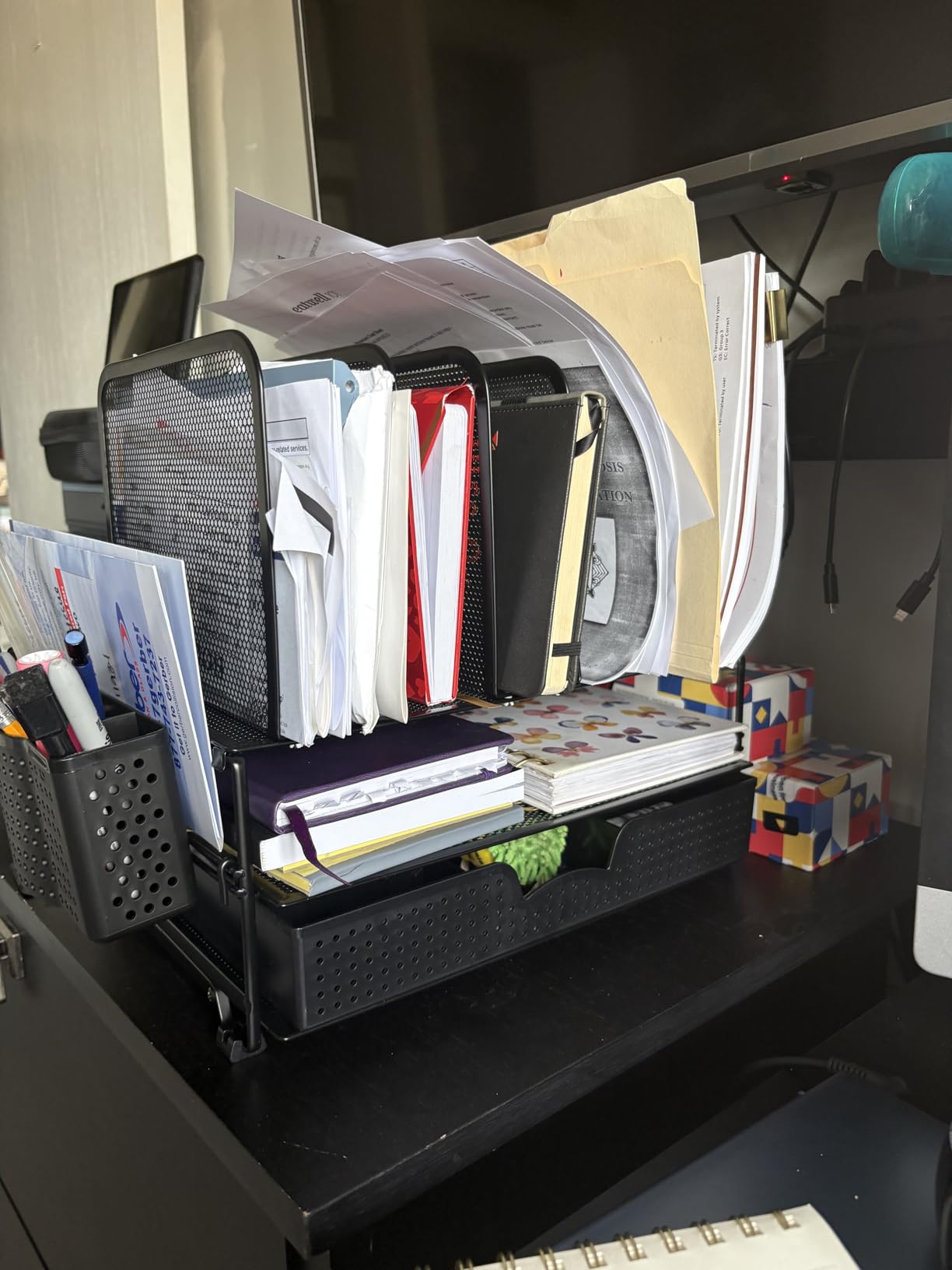 Simple Houseware Desk File Organizer for Office Supplies w/Drawer, Black | Double Tray, Pencil Holder, and 5 Upright Sections with Sliding Drawer customer photo 2