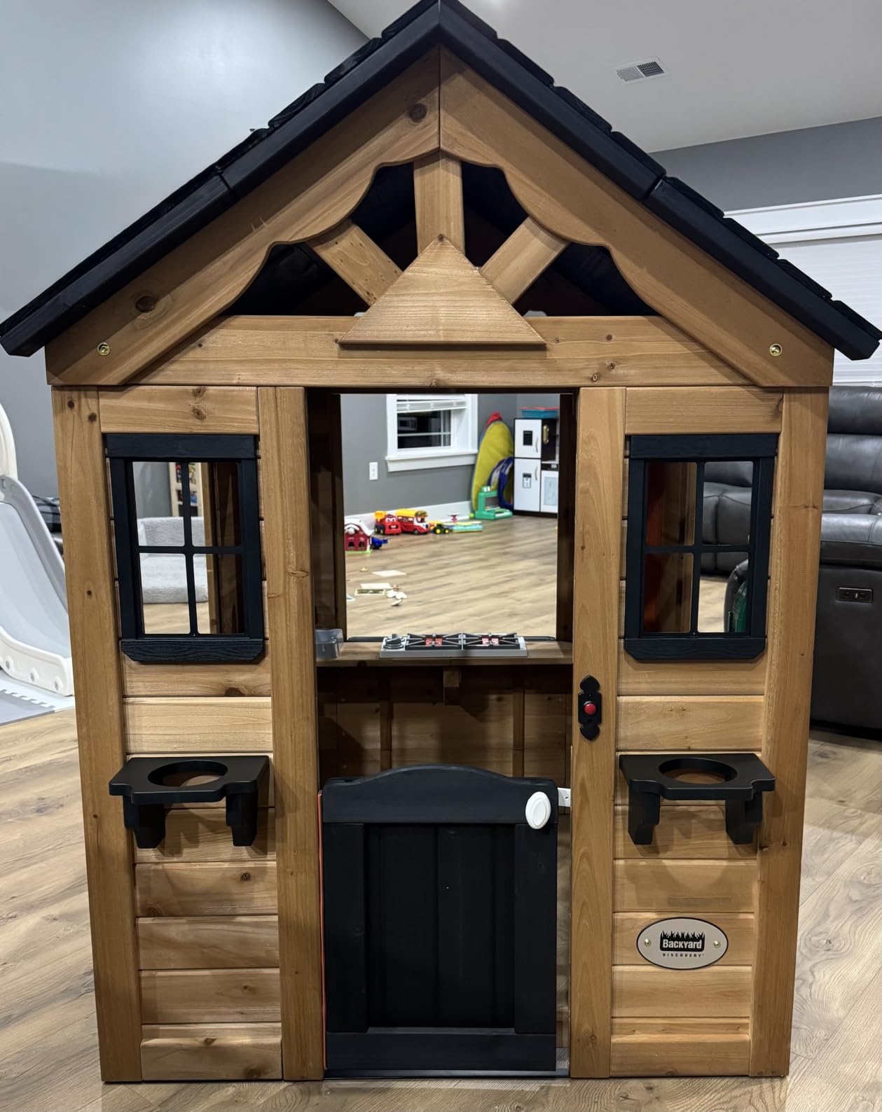 Backyard Discovery Sweetwater Cedar Wooden Kids Playhouse Cottage with Play Kitchen, Snack Bar, Half Door, Toy Phone, Windows, Flowerpot Holders, and Working Doorbell for Outdoor Imaginative Play customer photo 2