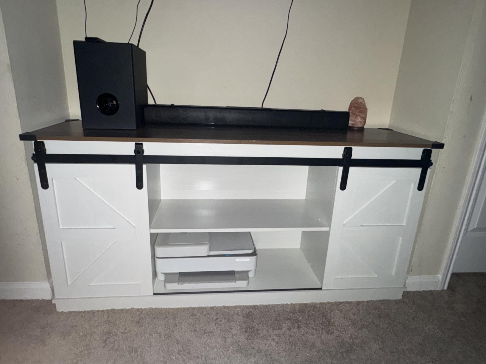 JUMMICO TV Stand for 65 Inch TV, Sliding Barn Doors, Bright White customer photo 1