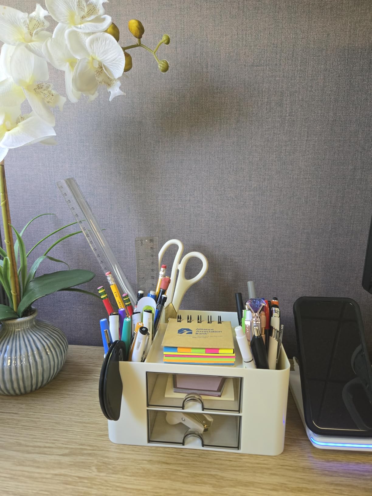 Marbrasse Pen Organizer with 2 Drawer, Multi-Functional Pencil Holder for Desk, Desk Organizers and Accessories with 5 Compartments + Drawer for Office Art Supplies (White) customer photo 1