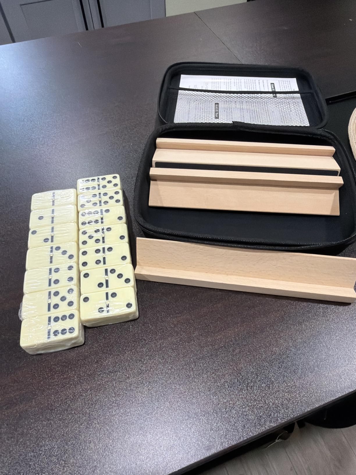 Dominoes Set Adults with 4 Wooden Racks/Trays Double Six Dominoes Travel Set with Portable Case Double 6 Dominoes Set with 4 Tiles Holders 28 Tiles Dominos Set Family Classic Board Games White customer photo 1