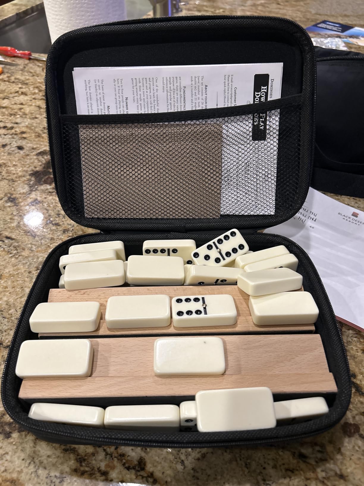 Dominoes Set Adults with 4 Wooden Racks/Trays Double Six Dominoes Travel Set with Portable Case Double 6 Dominoes Set with 4 Tiles Holders 28 Tiles Dominos Set Family Classic Board Games White customer photo 2