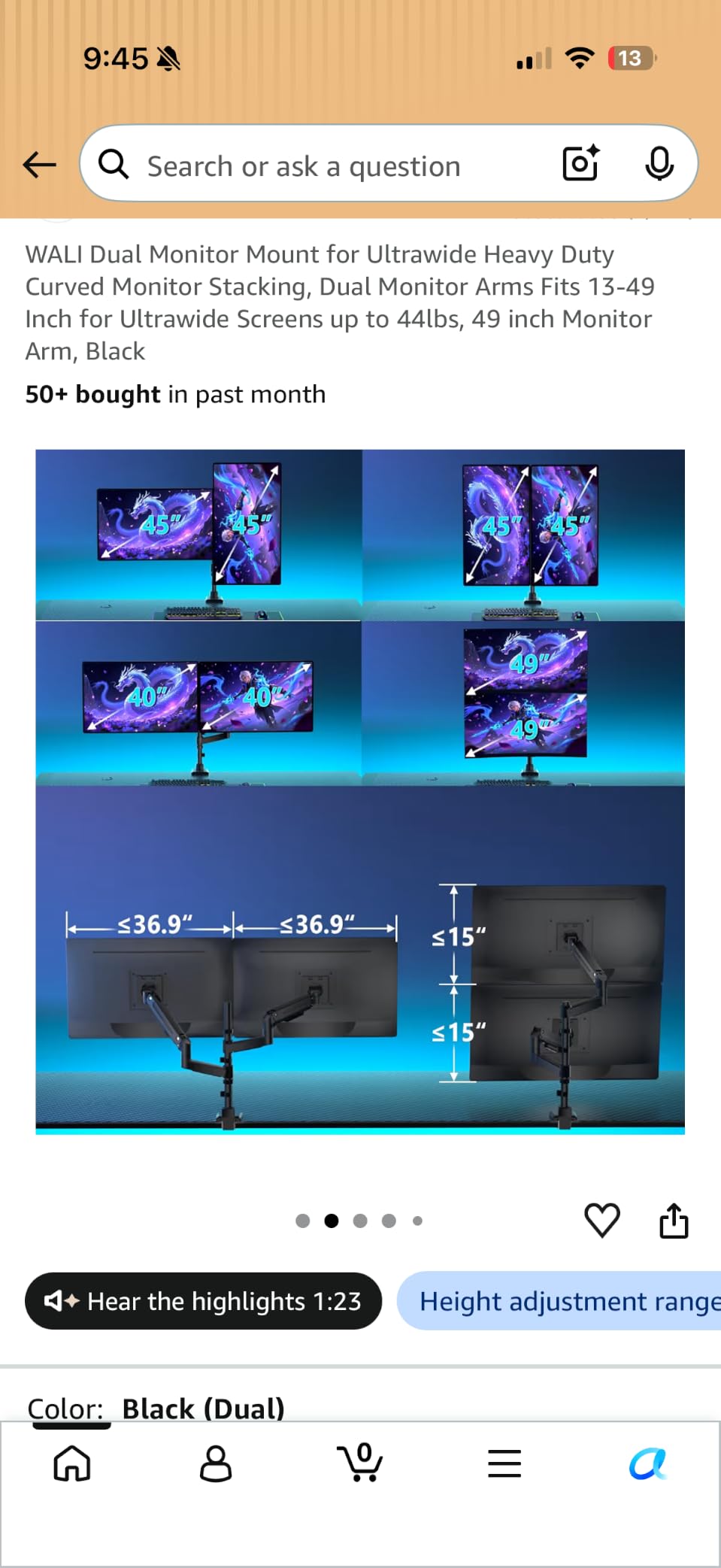 ARES WING Stacked Dual Vertical Monitor Arm with USB A/C for 17 to 49 Inch customer photo 2