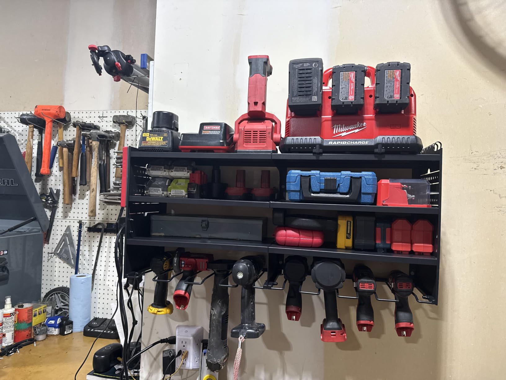 POKIPO Large Power Tool Organizer Wall Mount with Charging Station,4 Layer Heavy Duty Metal Tool Storage Rack Loads 600lbs with 8 Cordless Drill Holder,Battery Utility Rack Loads with 4 Power Strip customer photo 1