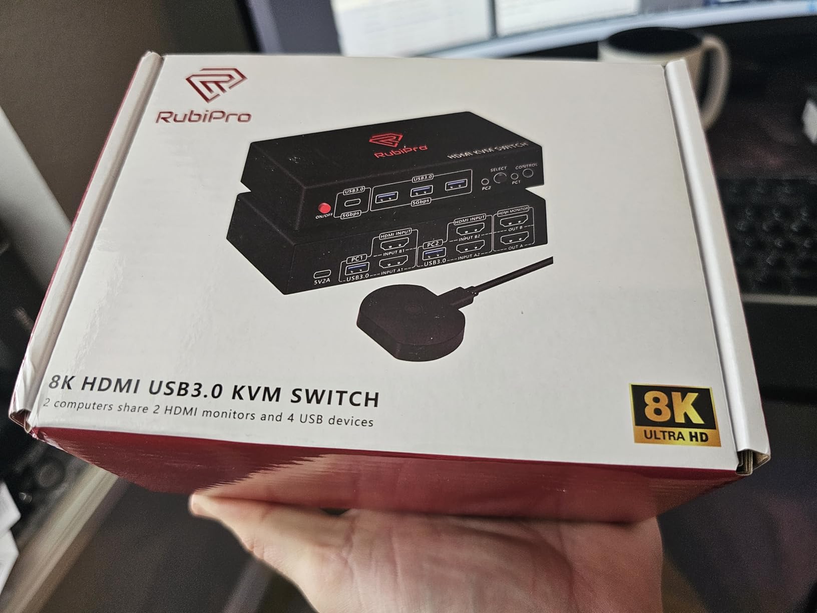 HDMI KVM Switch 2 Monitors 2 Computers – 8K@60Hz, 4K@120Hz, 4 Port USB 3.0 Hub (5Gbps), Wired Remote, Plug & Play for Windows/Mac/Linux with an additionl Braided 8K HDMI Cable customer photo 1