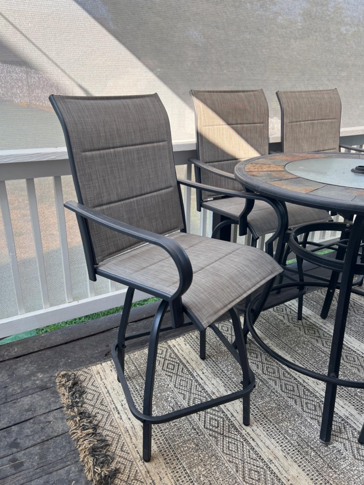 Vongrasig 2 Piece Outdoor Patio Swivel Bar Chairs, All Weather Padded Sling Textile High Top Bar Stools, Bistro Set for Backyard, Lawn Garden, Balcony, Gray customer photo 1